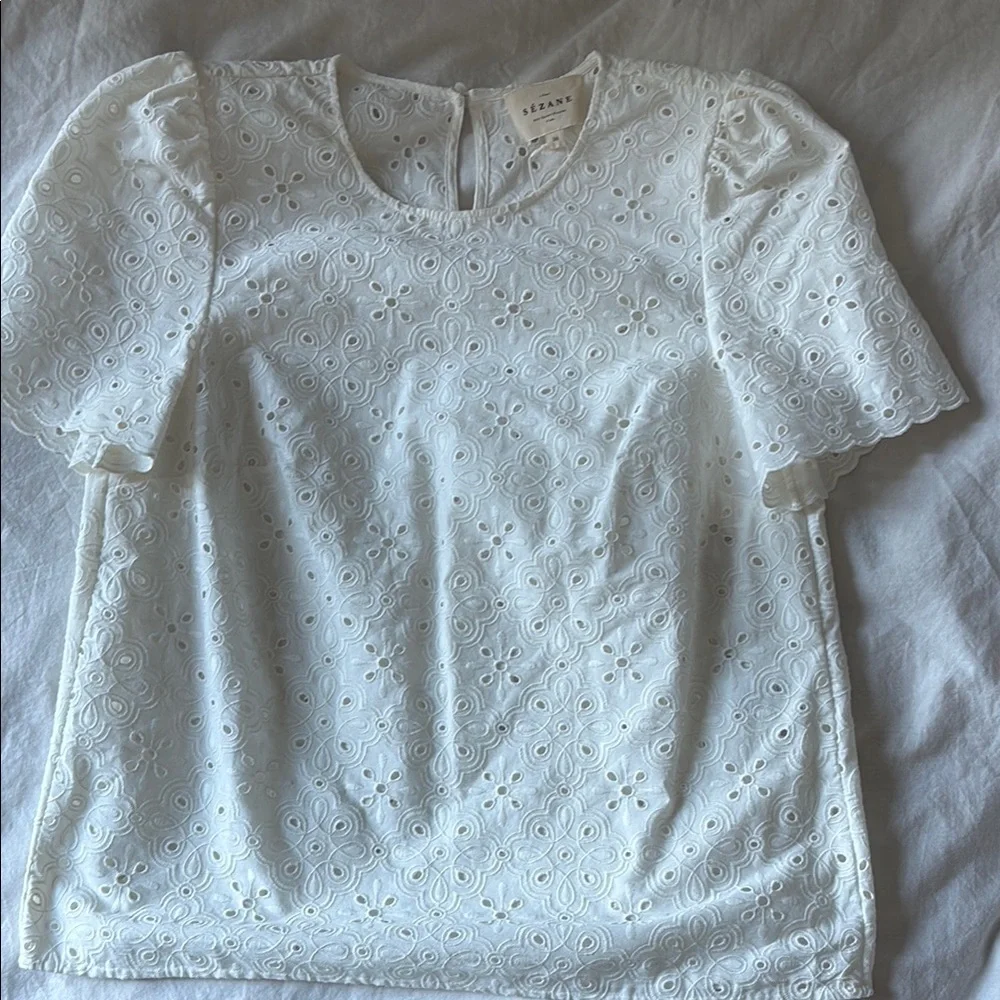 Sezane Annabelle Blouse | White Ruffled Scalloped Blouse Eyelet - Picture 9 of 10